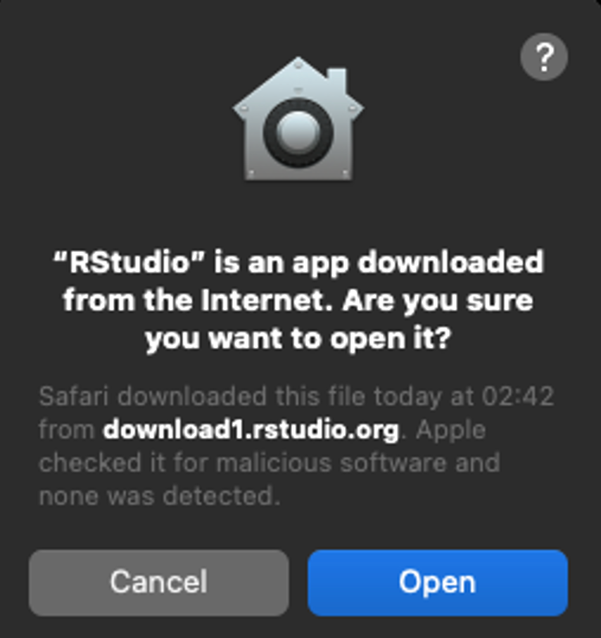 macOS security dialog asking to confirm opening RStudio downloaded from internet