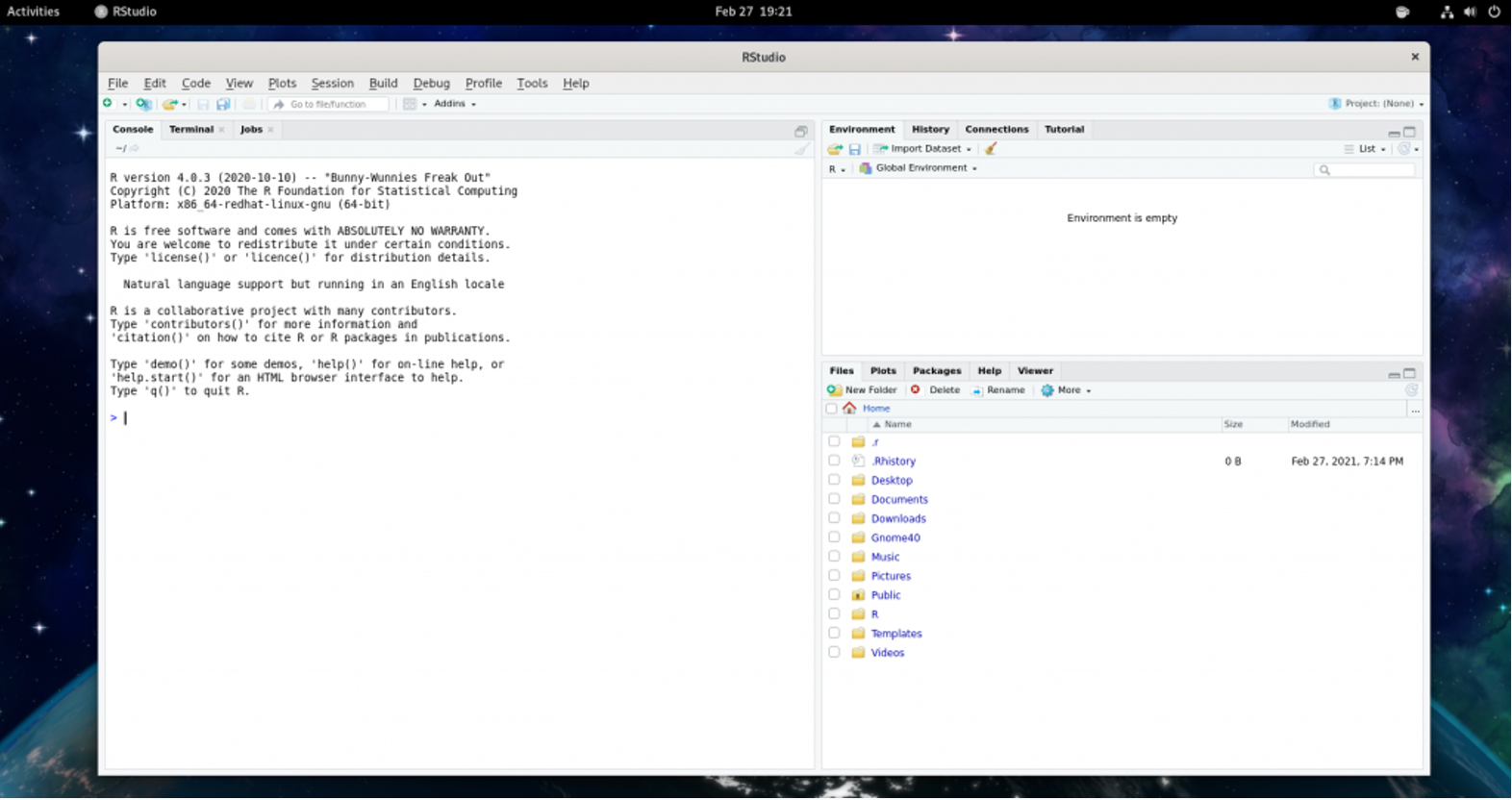 RStudio IDE running on Fedora Linux showing complete workspace interface