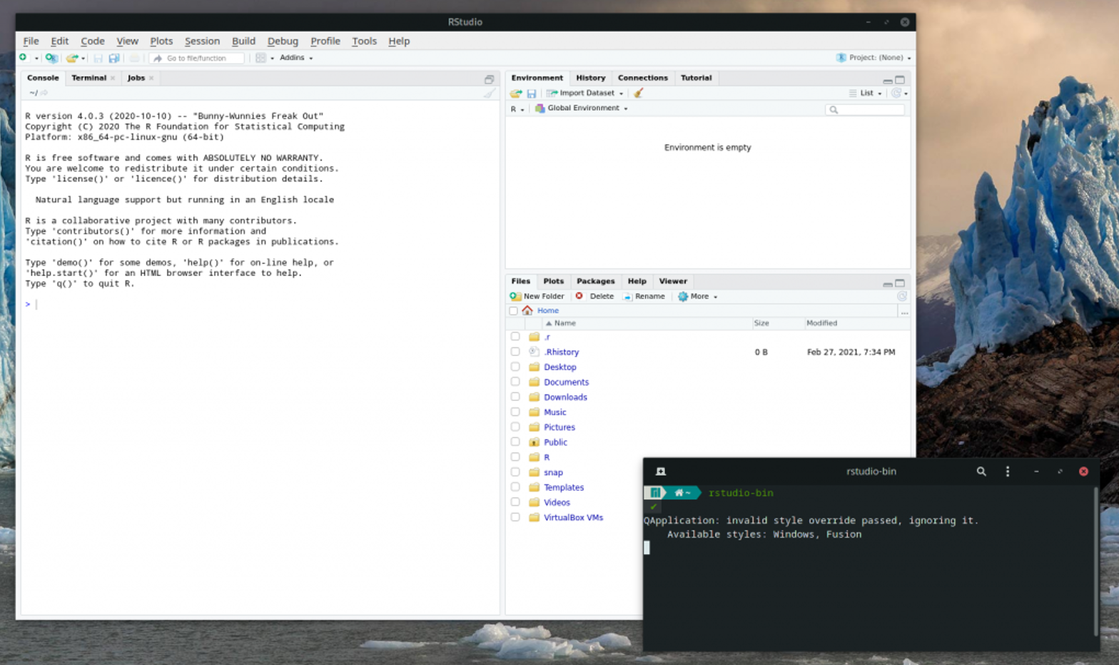 RStudio IDE running on Manjaro Arch-based Linux distribution