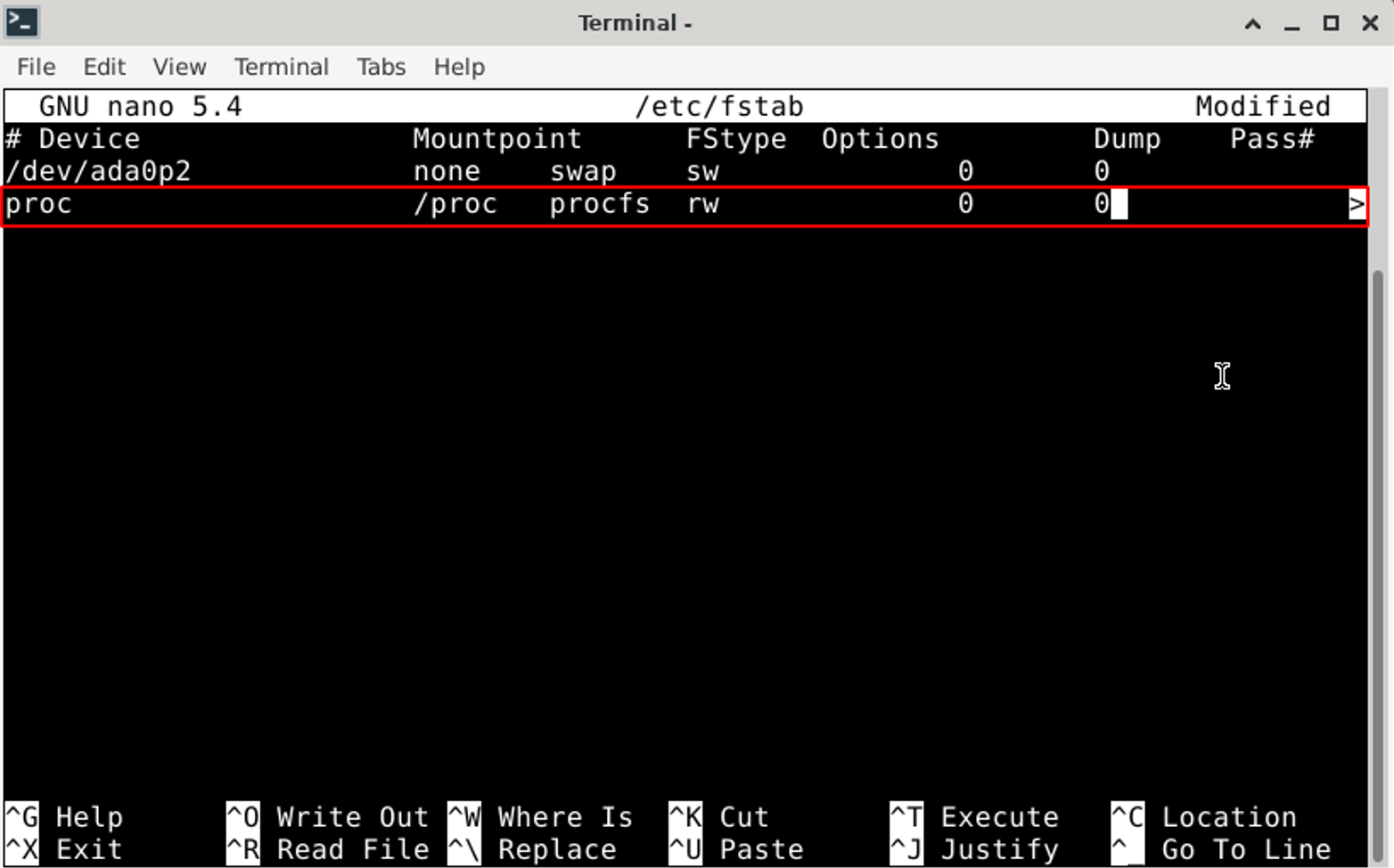 FreeBSD terminal showing edited /etc/fstab file with proc mount configuration