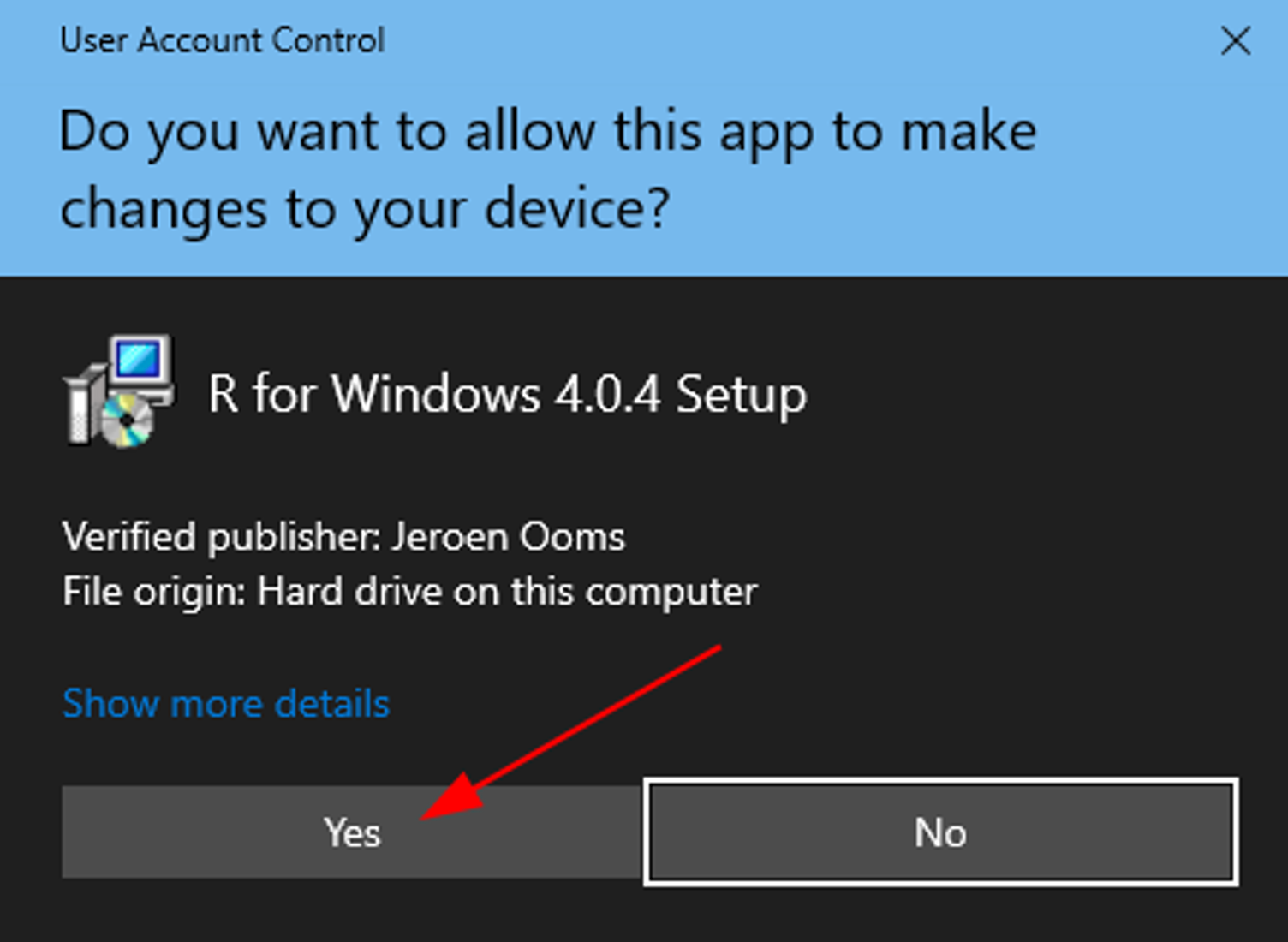 Windows User Account Control dialog requesting permission to run R installer
