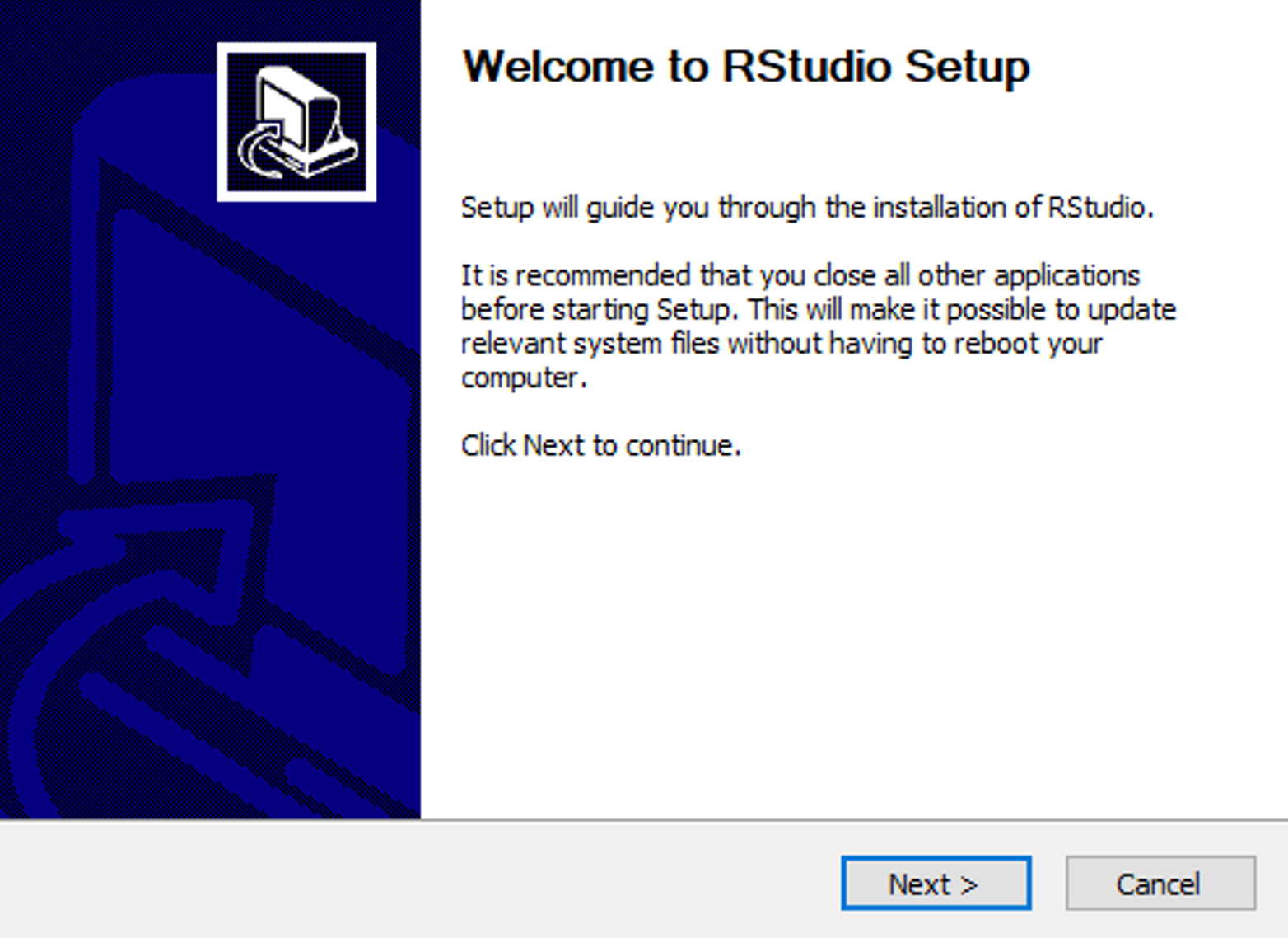 R Setup language selection dialog with English and other language options