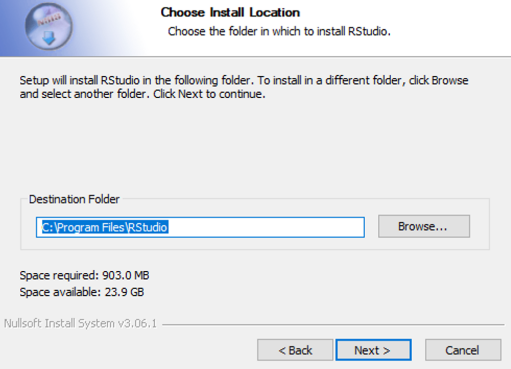 R installer destination location dialog showing default installation path
