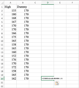 One-sample t-test formula in Excel. Source: Uedufy