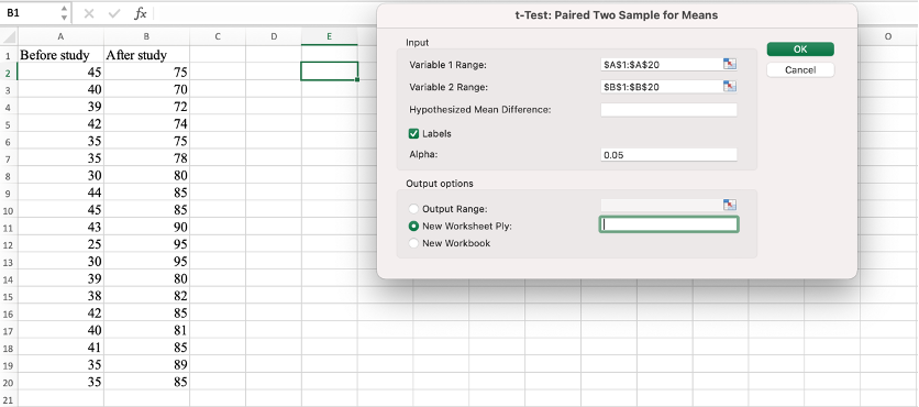 Configuring paired t-test settings. Source: Uedufy