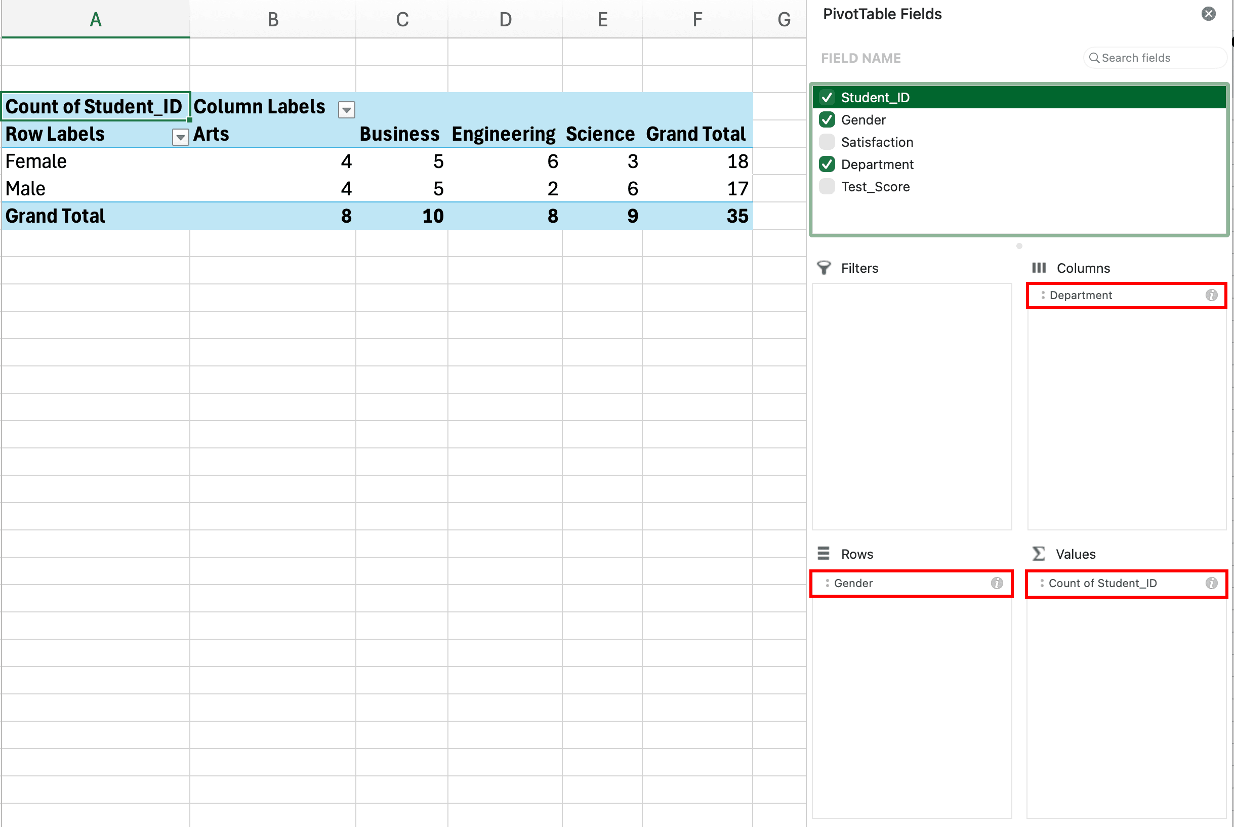 Panel de Campos de tabla dinámica de Excel configurado para tabulación cruzada con el campo Gender en el área de Filas y el campo Satisfaction en el área de Columnas mostrando distribución de frecuencia bidireccional