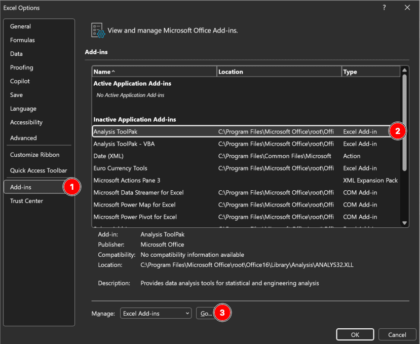 Cuadro de diálogo Complementos de Excel mostrando lista de complementos disponibles con la casilla Analysis ToolPak seleccionada para habilitar herramientas de análisis estadístico