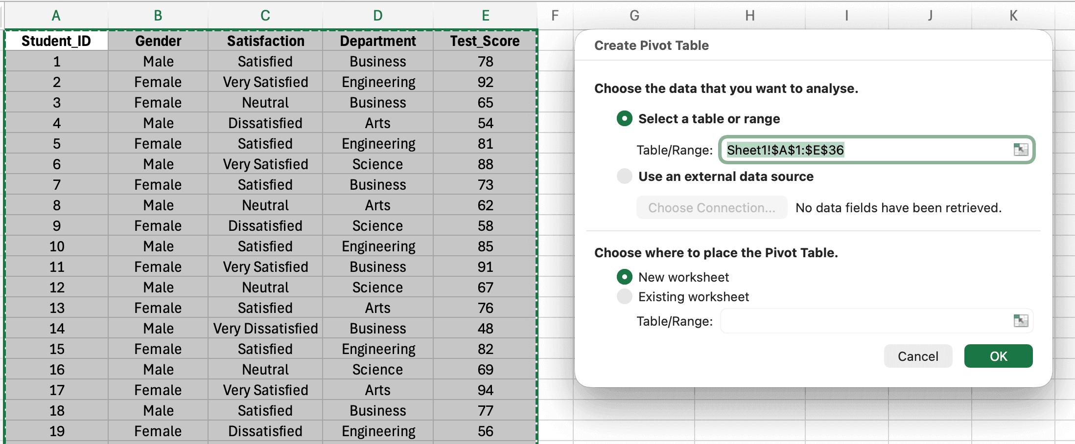 Cuadro de diálogo Crear tabla dinámica de Excel mostrando campo de selección de rango de tabla y opciones para colocar tabla dinámica en hoja nueva o existente