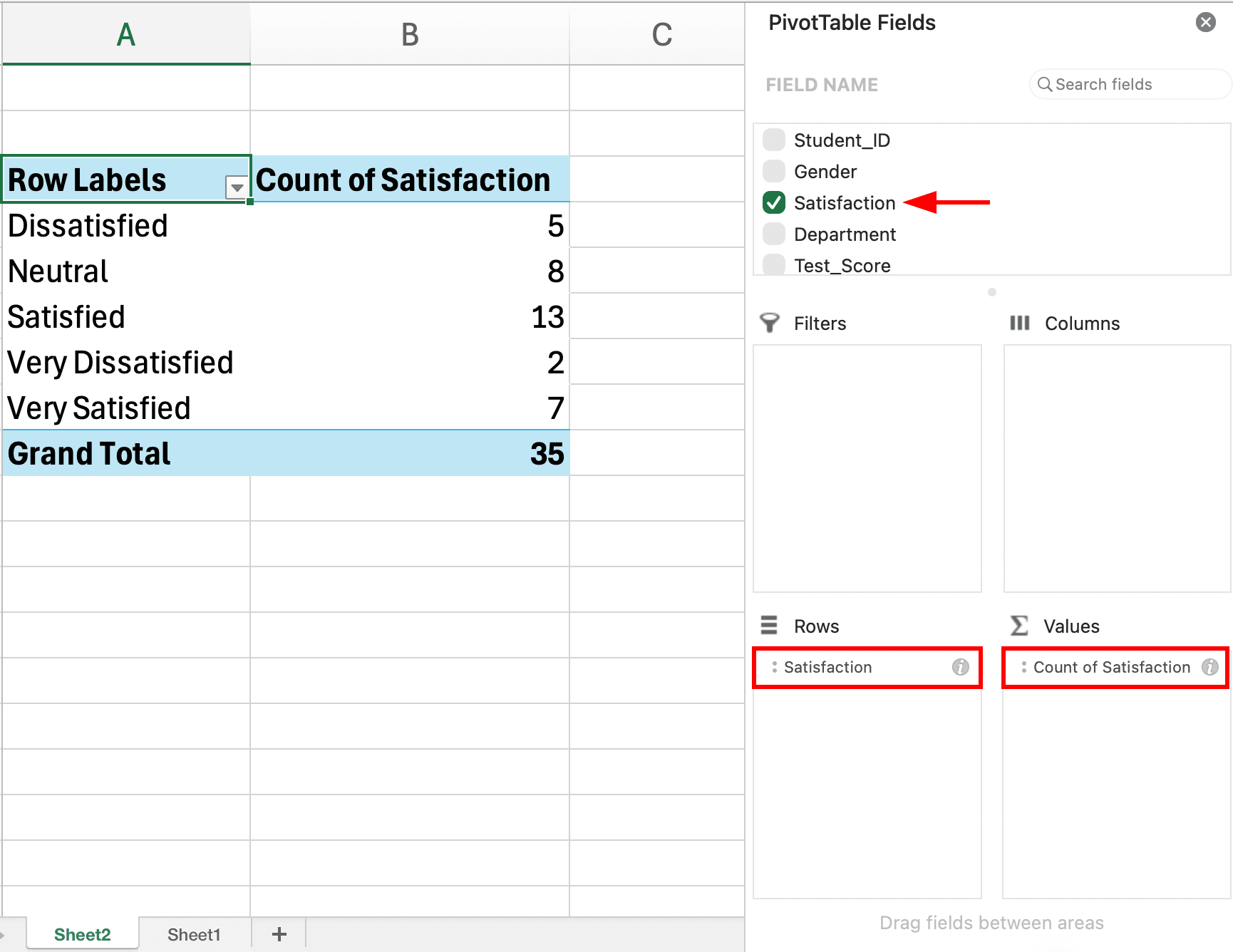 Panel de Campos de tabla dinámica de Excel mostrando el campo Satisfaction arrastrado a las áreas de Filas y Valores con la tabla de distribución de frecuencia resultante mostrando conteos por categoría de satisfacción