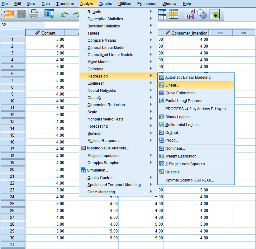 Meniul SPSS cu calea Analyze, Regression, Linear evidențiată