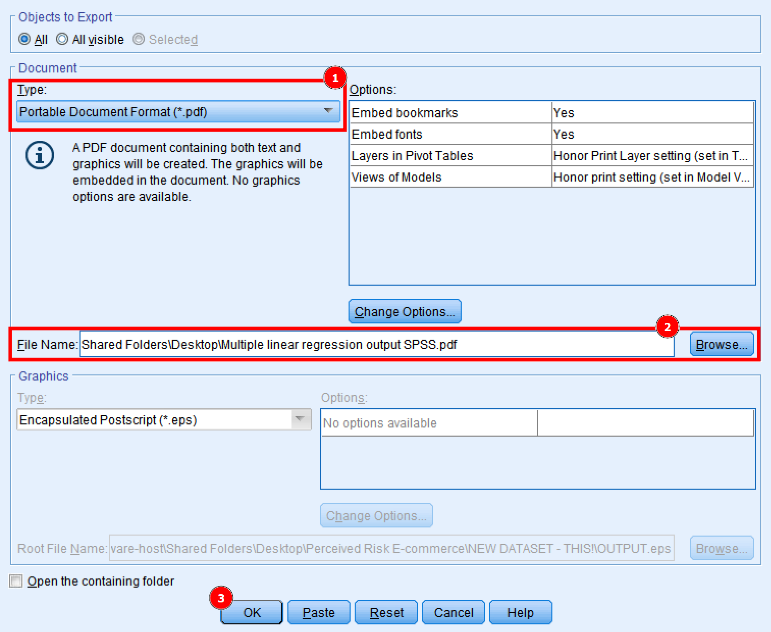 Dialog SPSS Export Output arătând selecția formatului PDF și opțiuni de locație fișier