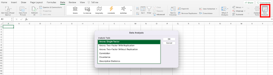 Fila Data din Excel pentru Mac arătând butonul Data Analysis după instalare