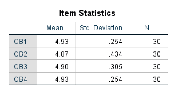 Tabelul SPSS Item Statistics arătând Media, Abaterea Standard și N pentru fiecare item CB1 până la CB4