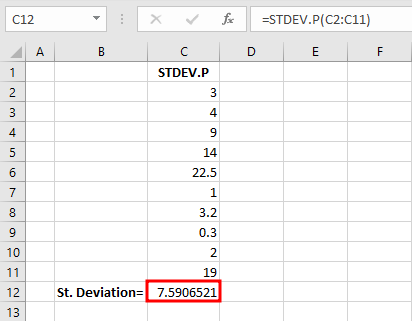 Foaie de calcul Excel arătând rezultatul formulei STDEV.P de 7.59 în celula C12