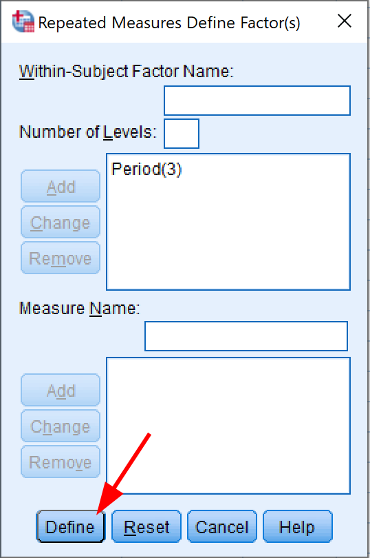 Dialog-ul SPSS Repeated Measures Define Factor cu Period(3) adăugat