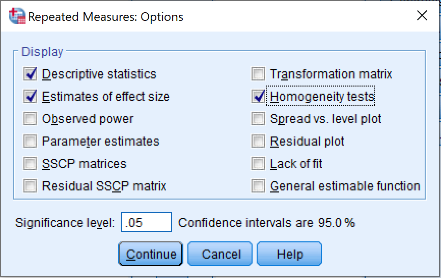 Fereastra SPSS Repeated Measures Options