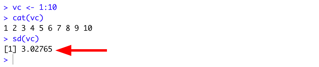 Consola RStudio afișând crearea vectorului cu cat() și funcția sd() returnând 3.02765 pentru vectorul 1:10