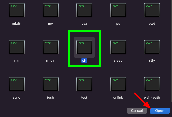 Folderul bin cu fișierul sh selectat pentru adăugarea la Full Disk Access