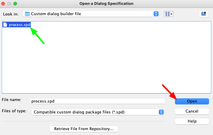 Fereastra de selectare a fișierului process.spe pentru instalarea PROCESS pe SPSS macOS