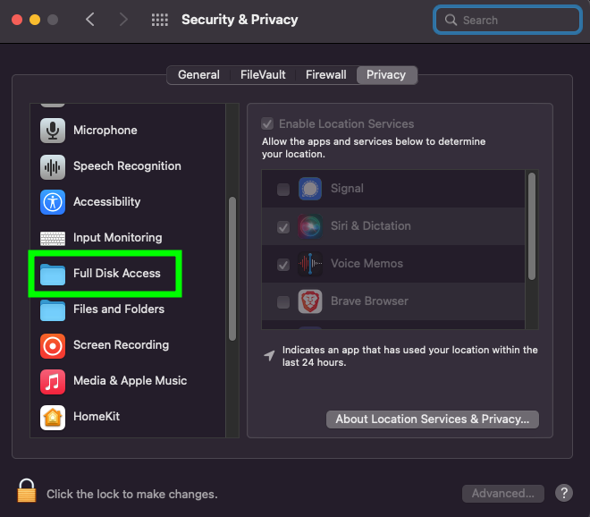 Fila Privacy din System Preferences cu opțiunea Full Disk Access selectată