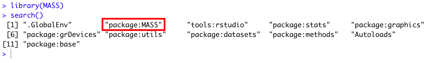 Consola R care afișează pachetul MASS încărcat în poziția 2 a căii de căutare