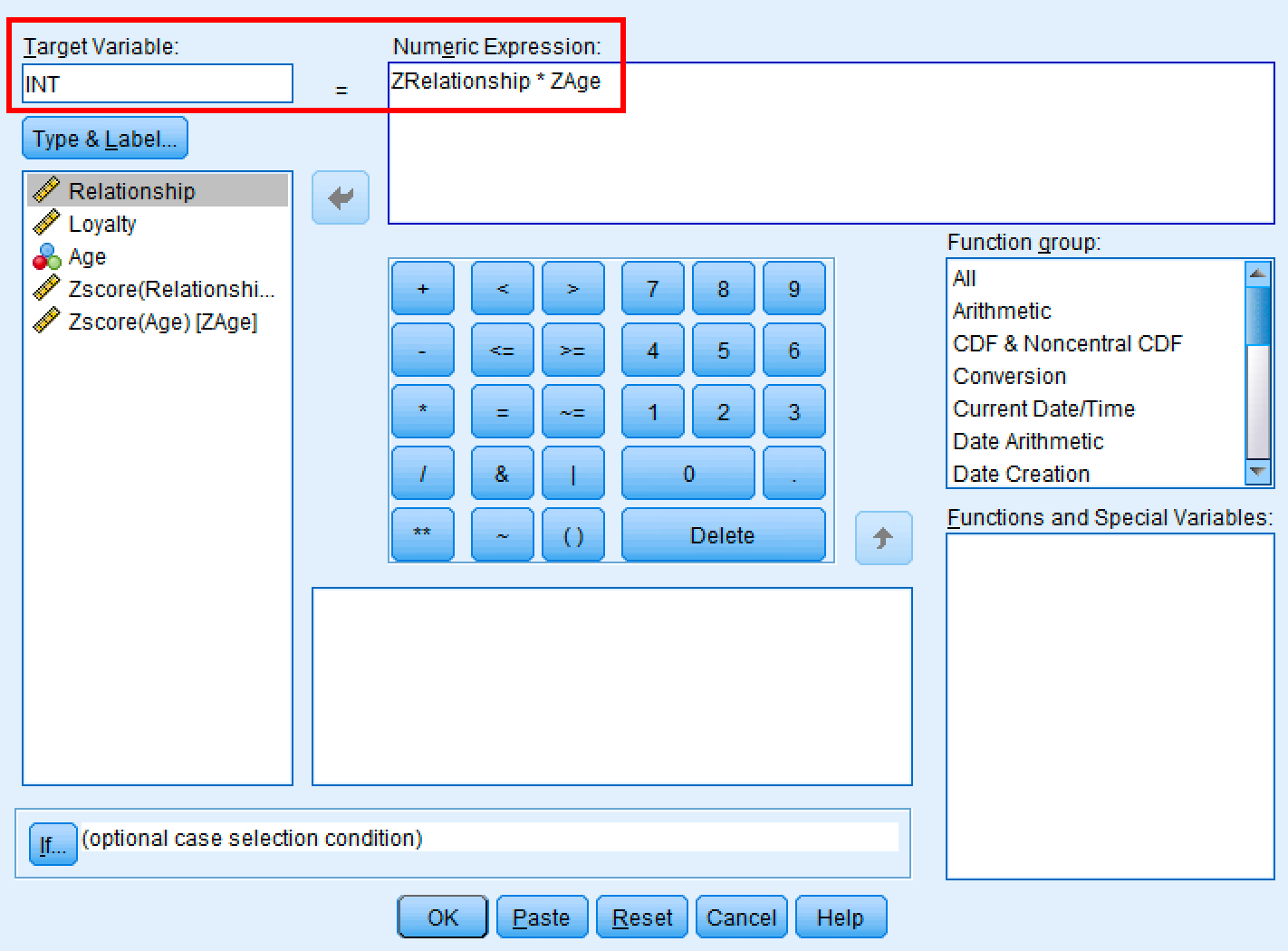 Fereastra de dialog SPSS Compute Variable cu Target Variable INT și Numeric Expression ZRelationship înmulțit cu ZAge pentru termenul de interacțiune