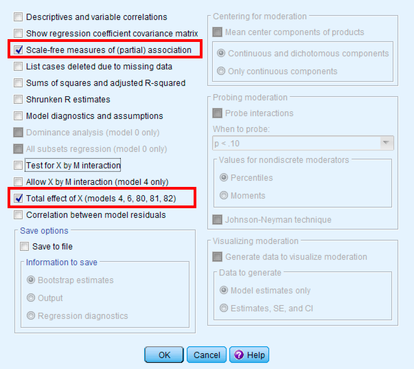 Fereastra de dialog PROCESS Options care arată Show total effect model bifat, Standardized effects selectat și Bootstrap samples setat la 5000 pentru analiza de mediere