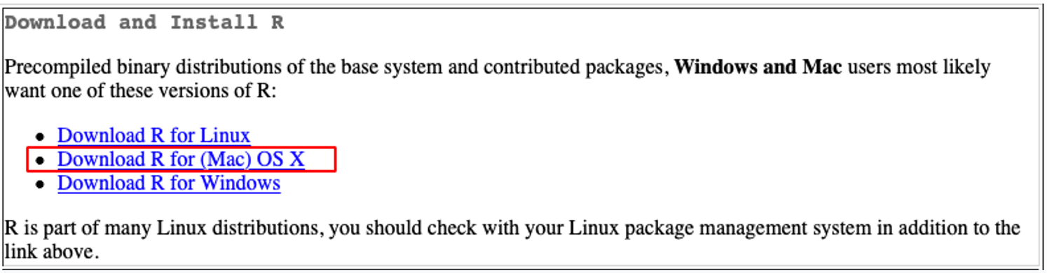 Pagina de descărcare CRAN cu link-ul Download R for Mac OS X evidențiat