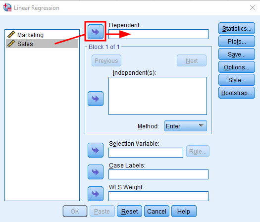 หน้าต่าง Linear Regression ของ SPSS แสดง Marketing เป็นตัวแปรต้นและ Sales เป็นตัวแปรตาม
