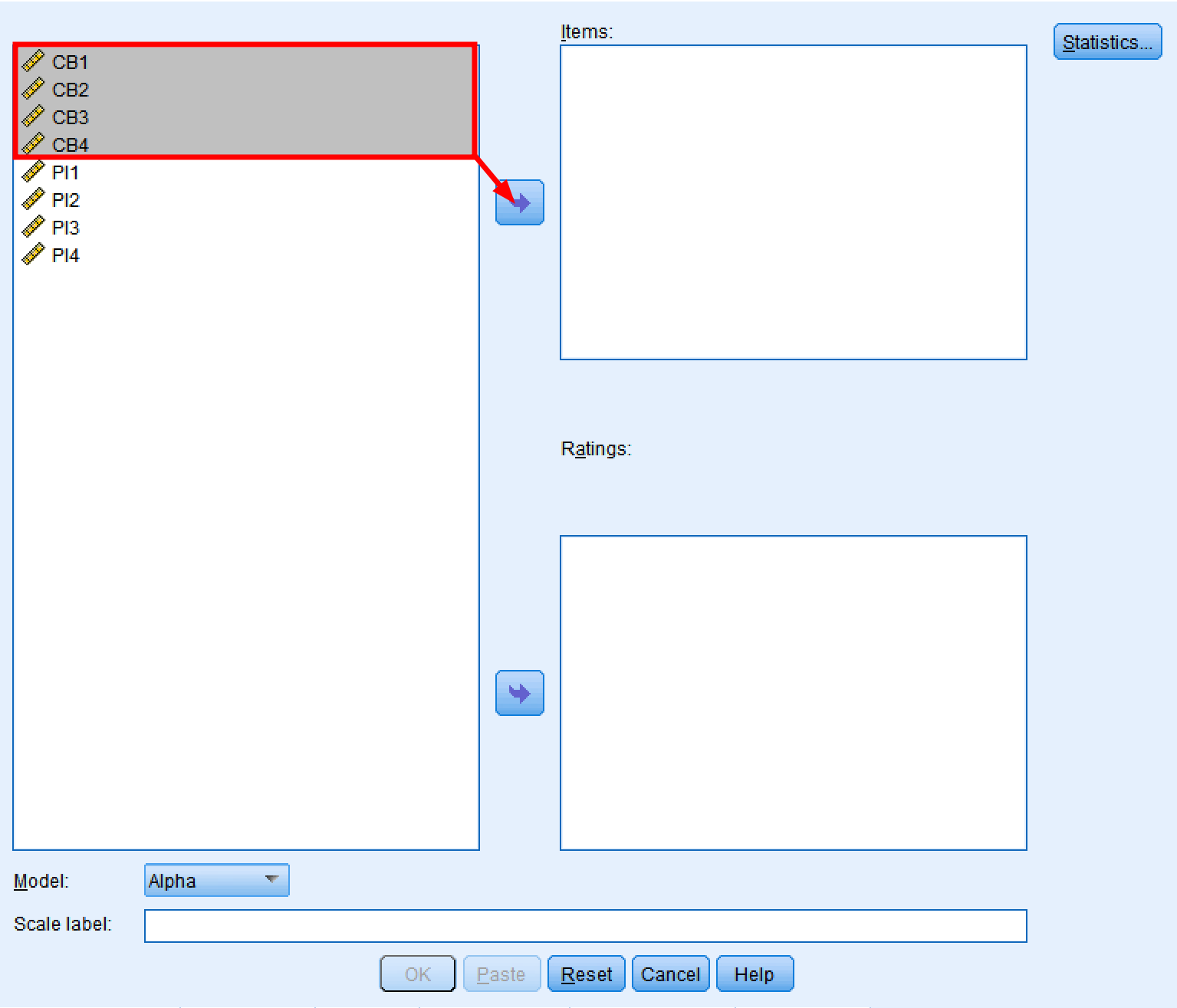 หน้าต่าง Reliability Analysis ของ SPSS แสดงข้อคำถาม CB1, CB2, CB3, CB4 ถูกย้ายไปยังช่อง Items