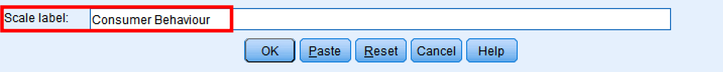 หน้าต่าง Reliability Analysis ของ SPSS แสดงการพิมพ์ชื่อมาตราส่วนในช่อง Scale label