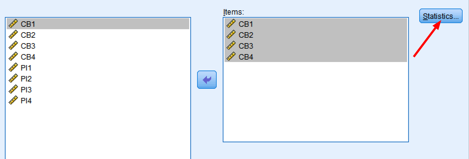หน้าต่าง Reliability Analysis ของ SPSS แสดงตำแหน่งปุ่ม Statistics