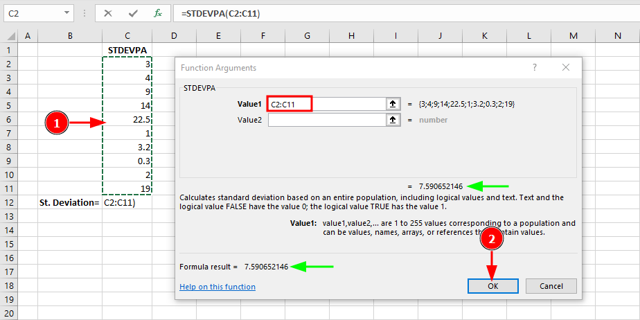 หน้าต่าง Function Arguments ของ Excel สำหรับ STDEVPA แสดง data range และผลลัพธ์ 7.59 พร้อมคำอธิบายว่ารวม logical values