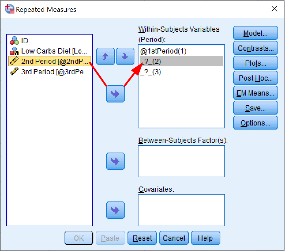 หน้าต่าง SPSS Repeated Measures แสดง Within-Subjects Variables