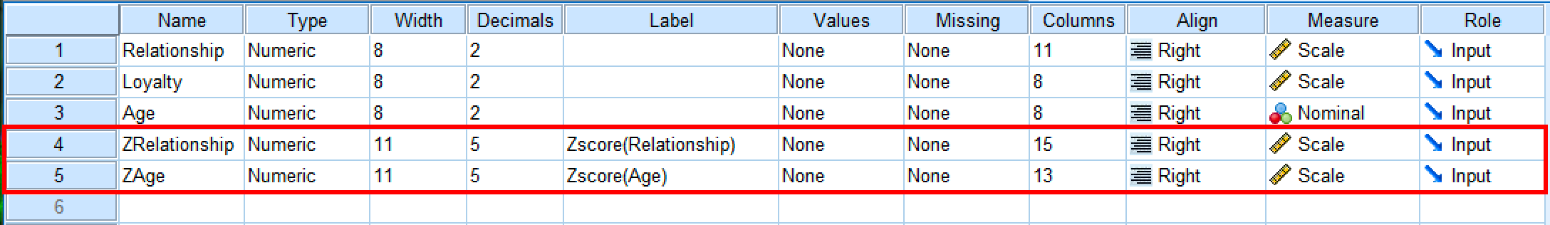 มุมมอง Data View ของ SPSS แสดงตัวแปรเดิม Relationship และ Age พร้อมตัวแปรมาตรฐานใหม่ ZRelationship และ ZAge