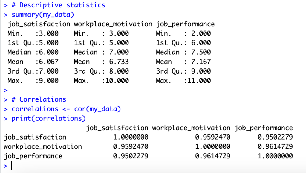 R console output แสดงผลลัพธ์สถิติเชิงพรรณนาและ correlation matrix สำหรับตัวแปรการวิเคราะห์ตัวแปรคั่นกลาง