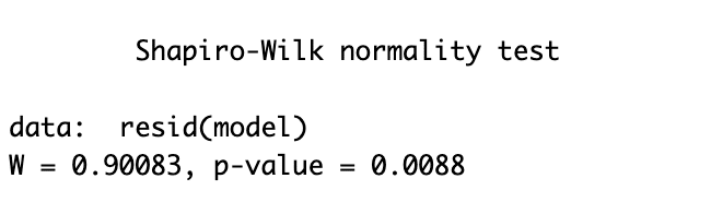 ผลลัพธ์ Shapiro-Wilk Test ใน R แสดงค่า W เท่ากับ 0.91229 และ p-value 0.008773 สำหรับ Residuals