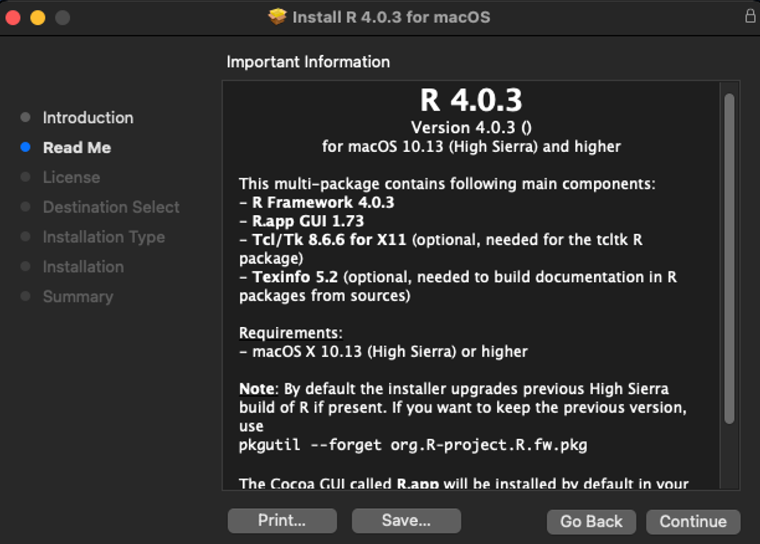 หน้าจอข้อมูลสำคัญของตัวติดตั้ง R แสดงรายละเอียดการติดตั้งสำหรับ macOS