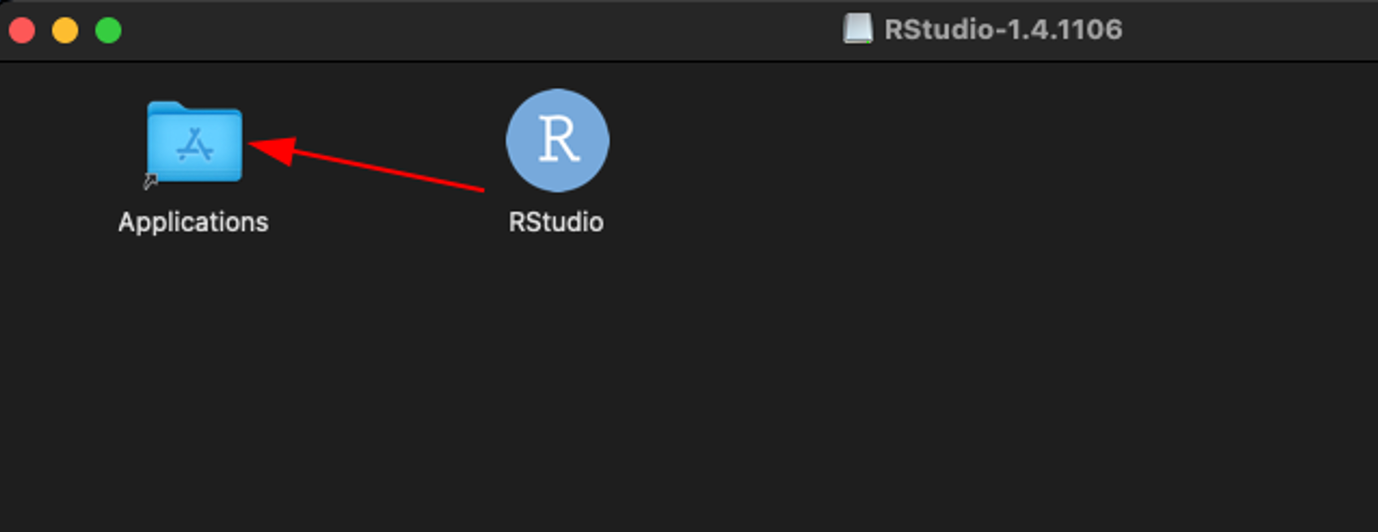 ตัวติดตั้ง dmg ของ RStudio แสดงไอคอนลากและวางไปยังโฟลเดอร์ Applications บน macOS
