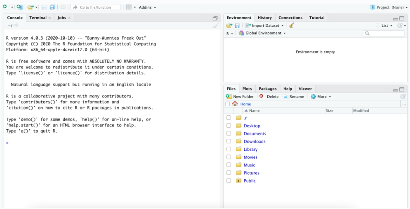 RStudio IDE ที่ทำงานบน macOS แสดง Panel Console, Editor และ Environment