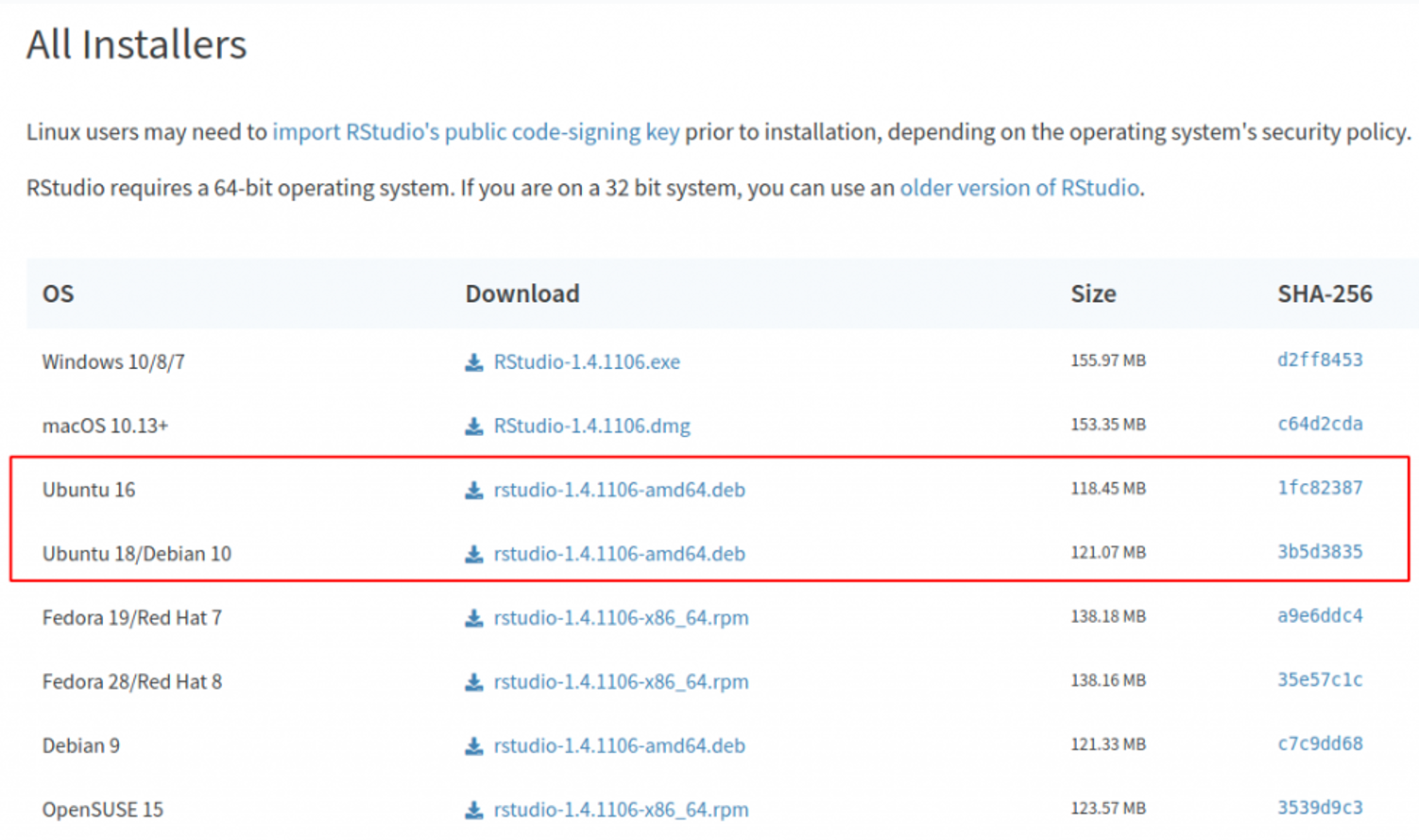 หน้า All Installers ของ RStudio แสดงการ Download Ubuntu 18/Debian 10 deb Package