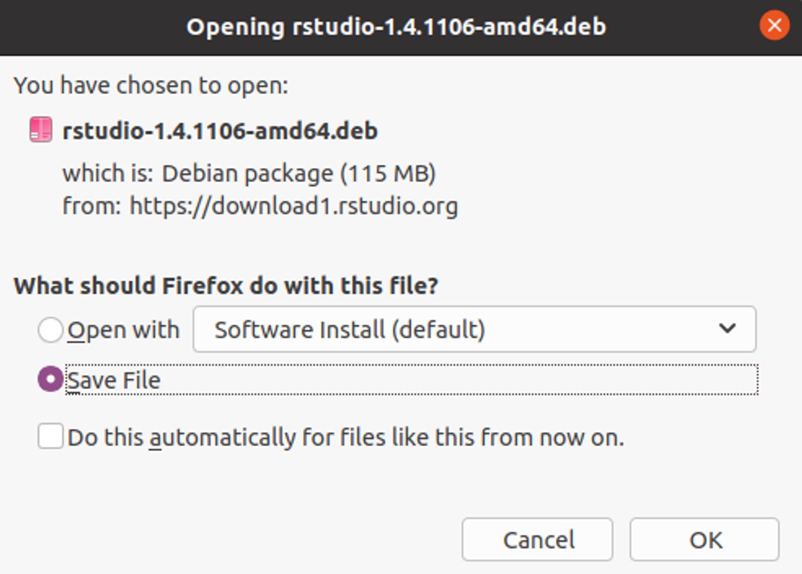 กล่องโต้ตอบ Download ของ Firefox แสดงตัวเลือก Save สำหรับ RStudio deb Package บน Ubuntu