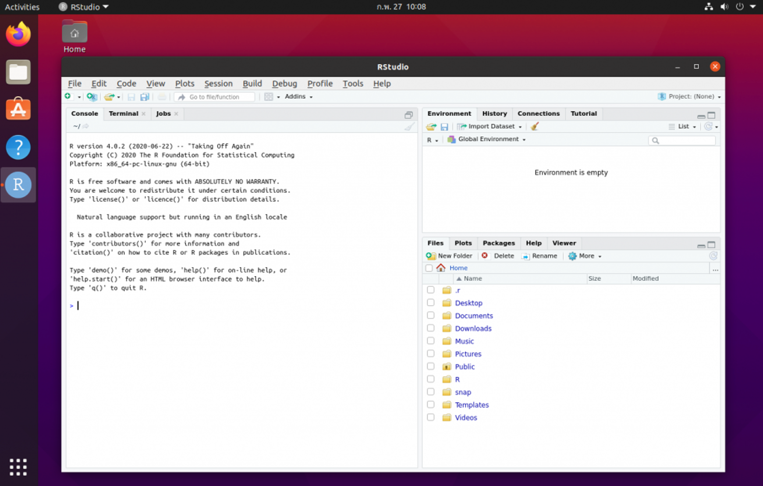 RStudio IDE ที่ทำงานบน Ubuntu Linux แสดง Interface Console และ Editor