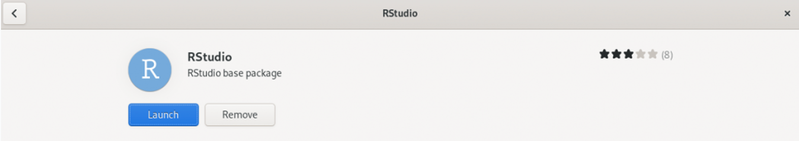 Fedora Software Manager แสดง RStudio ติดตั้งสำเร็จพร้อมปุ่ม Launch