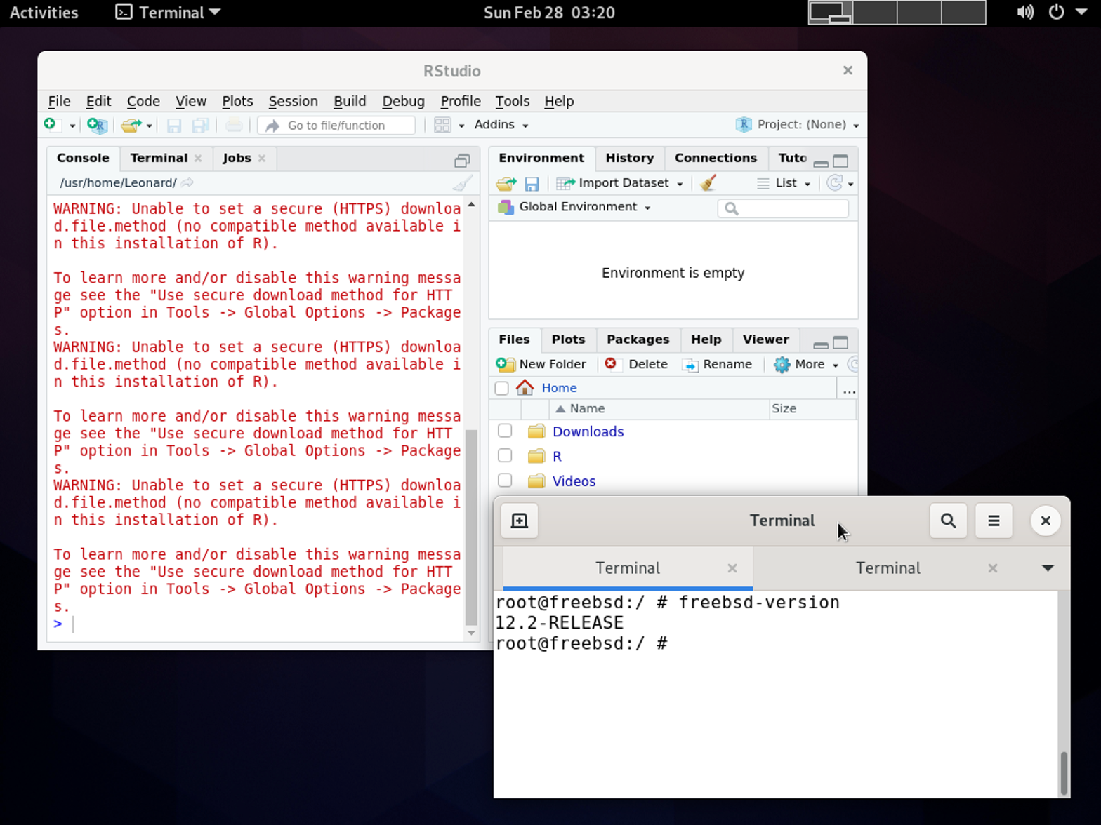 RStudio IDE ที่ทำงานบนระบบ FreeBSD UNIX แสดง Interface แบบเต็ม