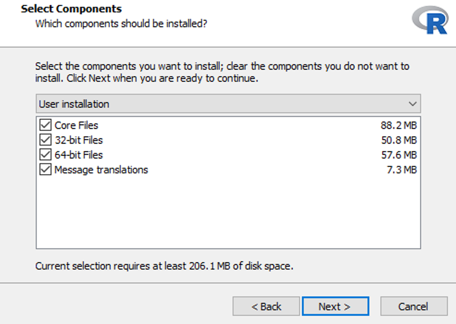 การเลือก Component ของตัวติดตั้ง R แสดงตัวเลือก 32-bit และ 64-bit ที่ถูกเลือก