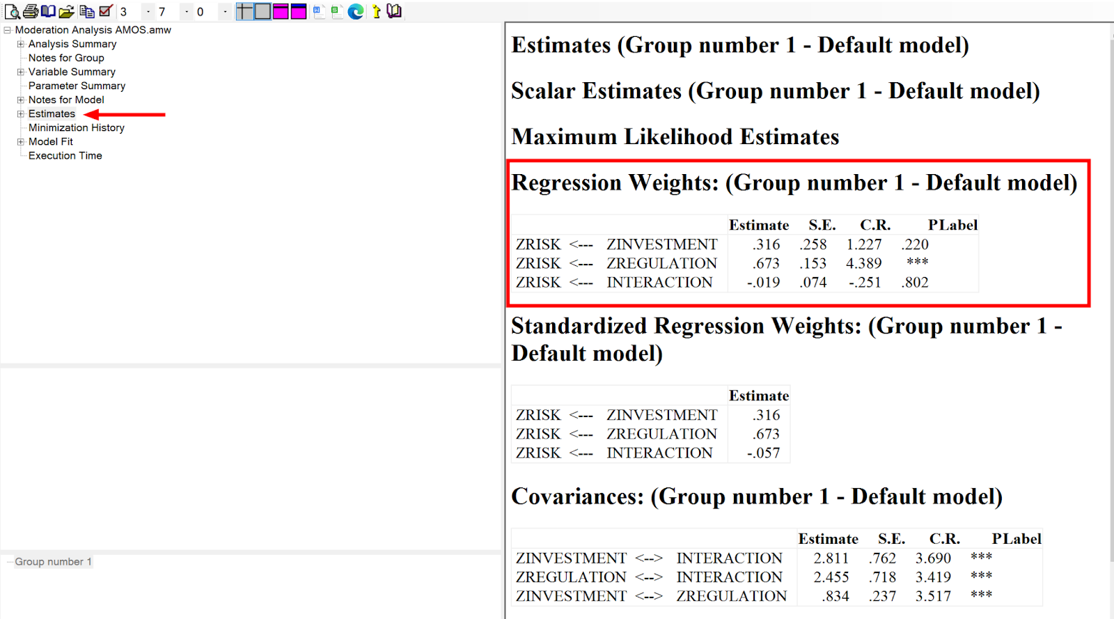 ผลการวิเคราะห์ Moderation Analysis ใน AMOS
